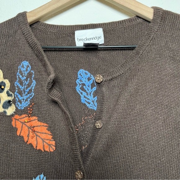 Breckenridge Women Cardigan Sweater XL Chocolate Brown Fall Leaves Artsy - Picture 3 of 10